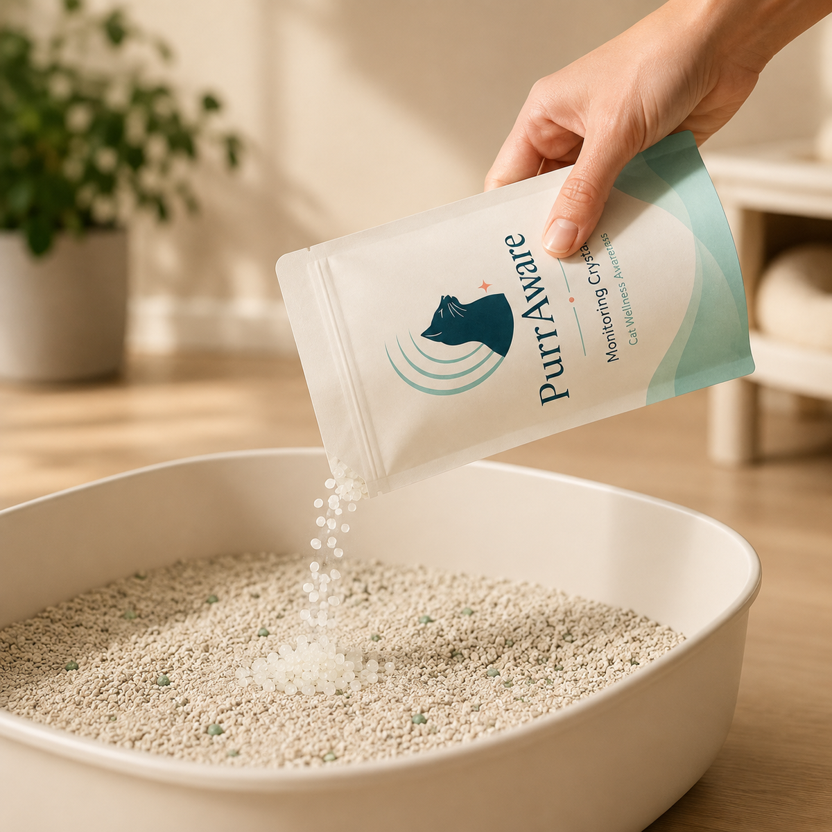 Cat using litter box with PurrAware monitoring crystals